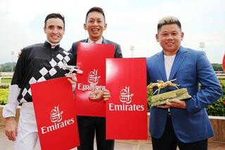 Derby glory: (from left) jockey Michael Rodd, trainer David Kok and owner Jason Goh celebrate their exceptional win with Well Done. Photo Credit: Singapore Turf Club.